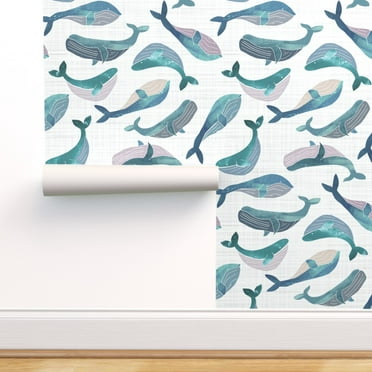Wallpaper Roll Watercolor Whales Ocean Whale Sperm Blue Nautical 24in x 27ft